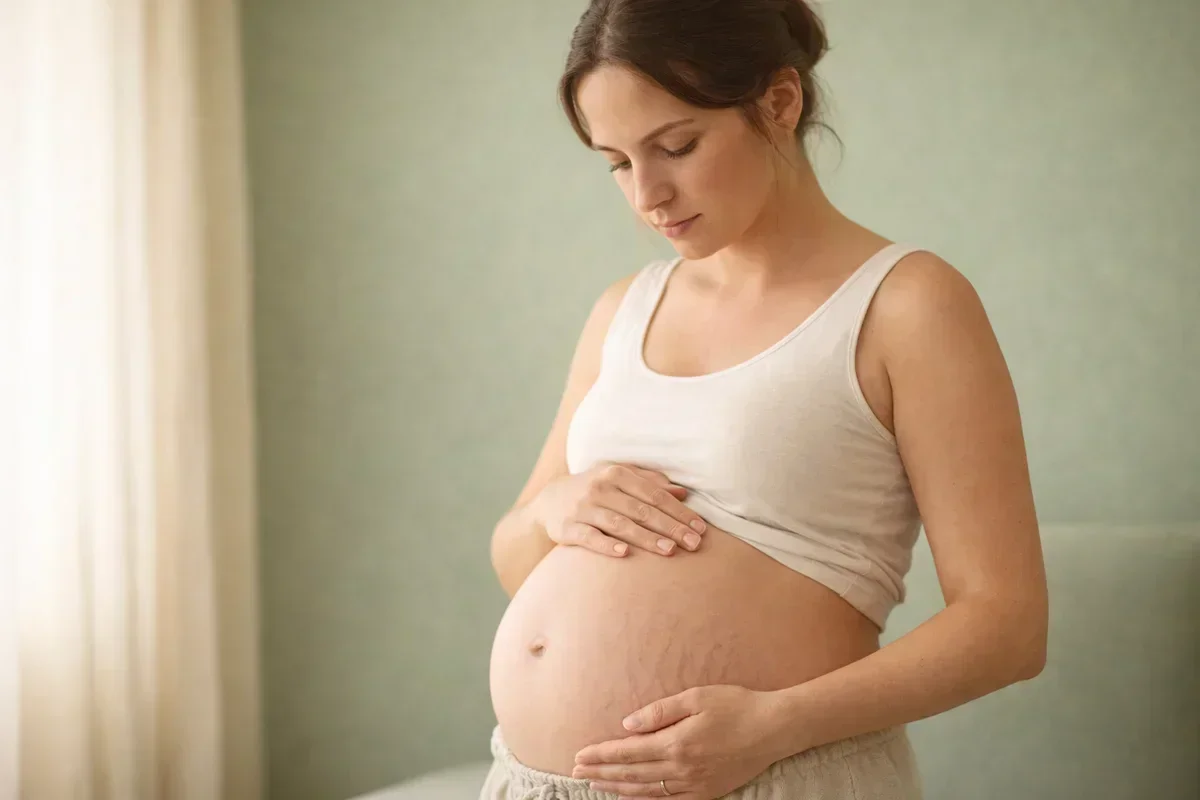 Pregnant woman holding her bump during a Braxton Hicks tightening in late pregnancy