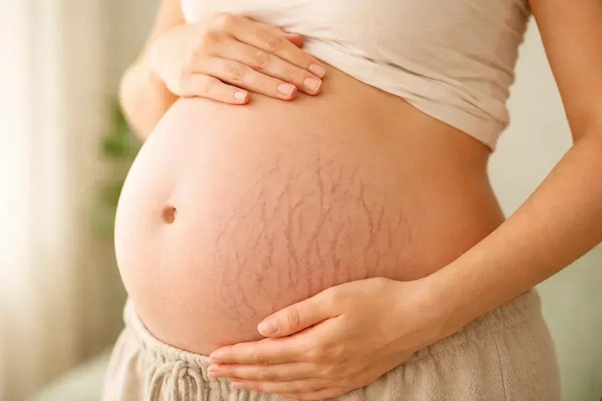 Pregnancy stretch marks on a bump shown naturally and without airbrushing