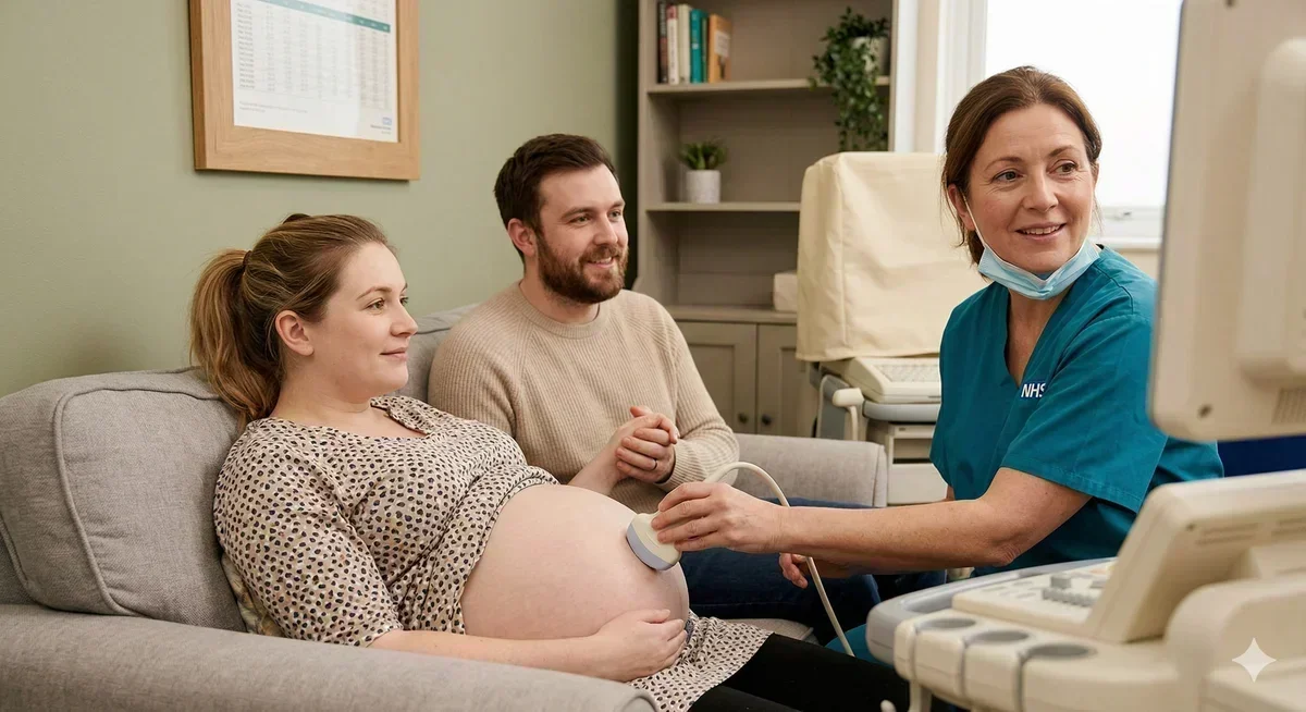 Pregnant woman having her 20 week anomaly scan at an NHS maternity appointment