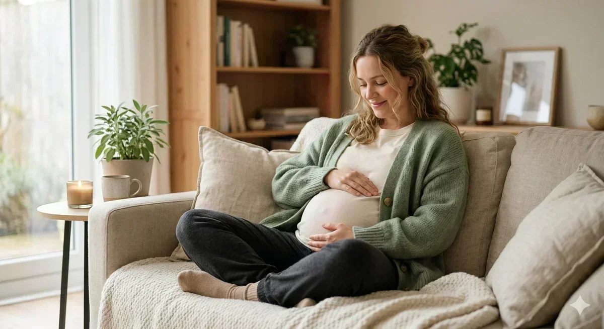 Pregnant woman sitting comfortably at home — pregnancy discharge is a normal part of pregnancy