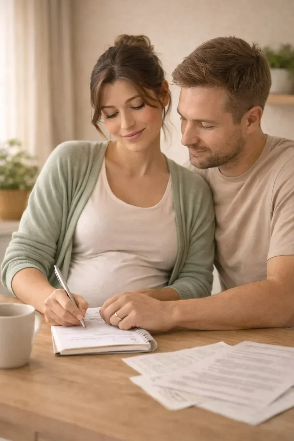Pregnant woman and her partner writing a birth plan together at home