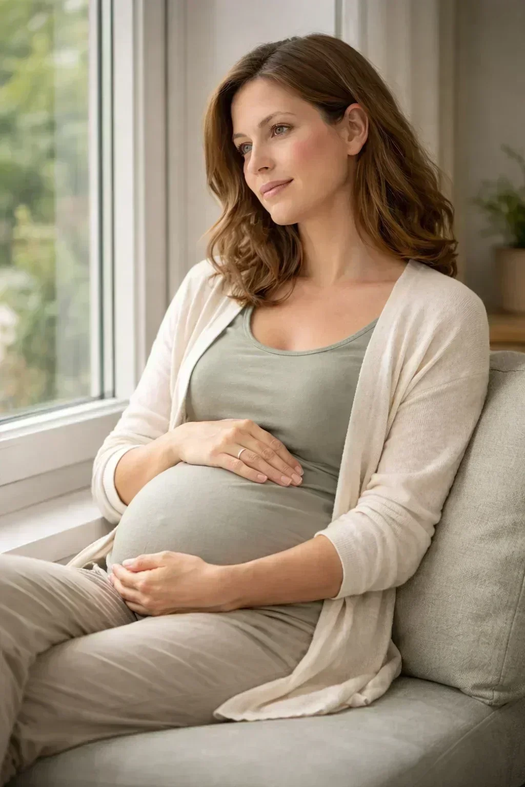 Pregnant woman sitting by a window looking thoughtful during second trimester