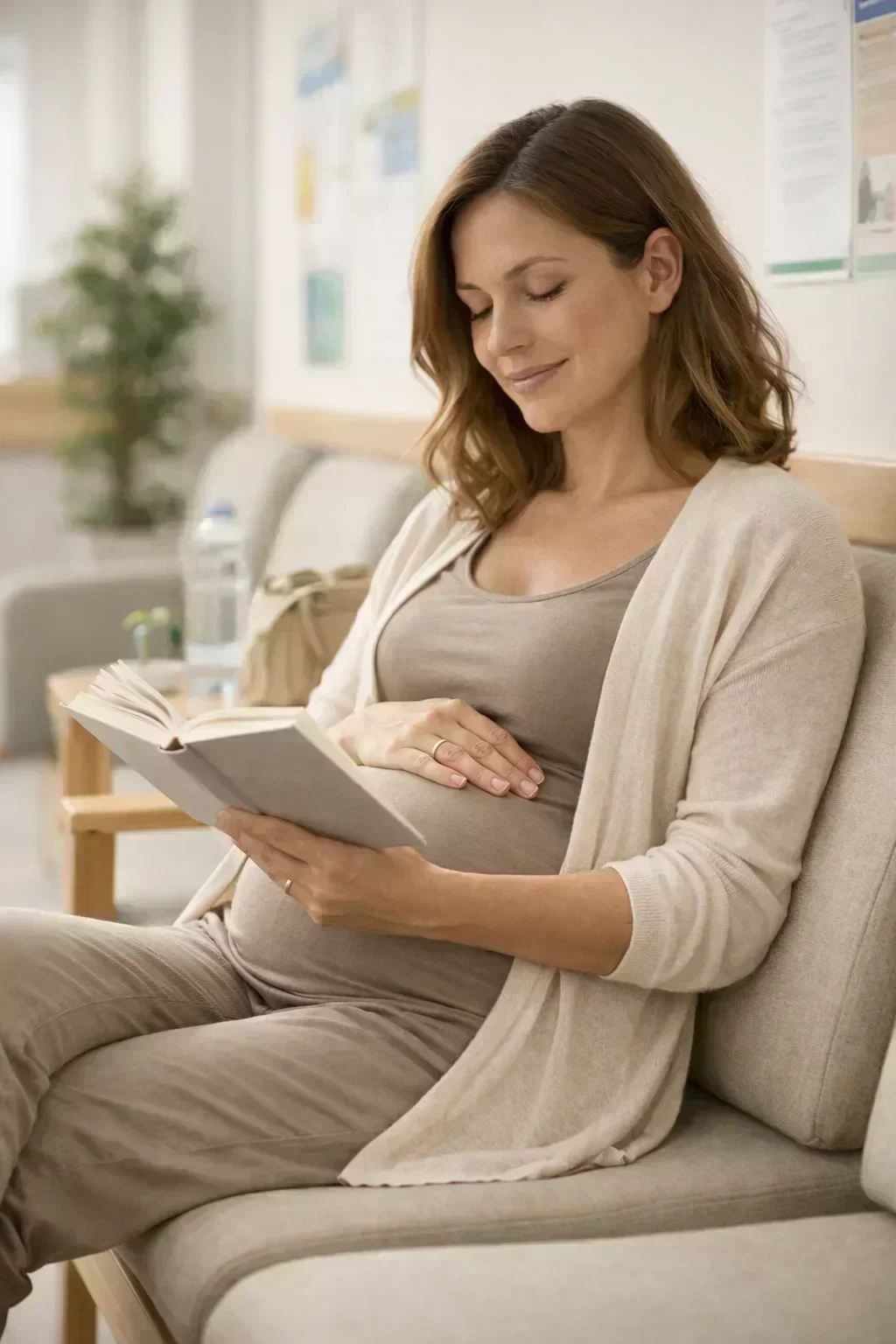 Pregnant woman waiting for her glucose tolerance test at a UK NHS hospital
