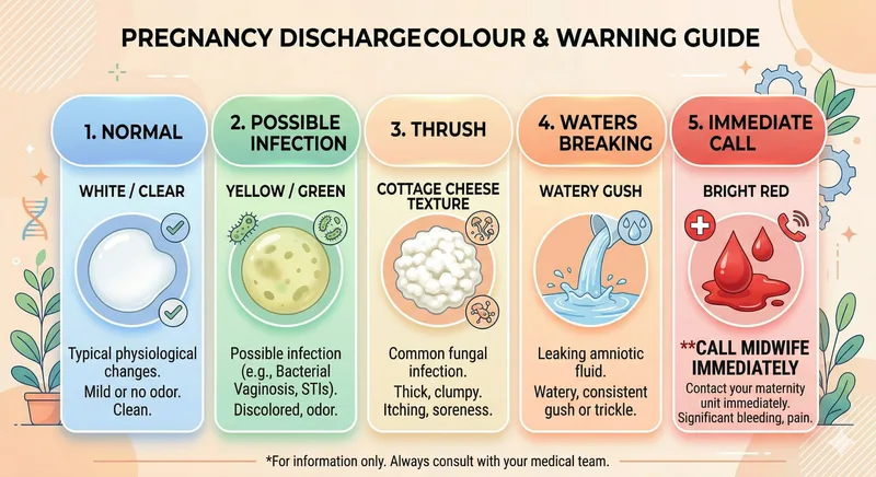Pregnancy discharge colour guide showing normal discharge versus warning signs