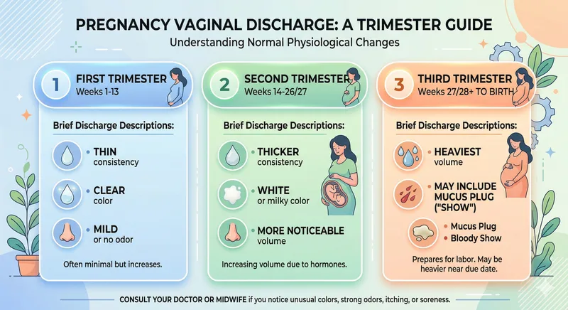 Simple infographic showing the three trimesters with brief discharge descriptions. First trimester: thin, clear, mild. Second trimester: thicker, white, more noticeable. Third trimester: heaviest, may include mucus plug/show.