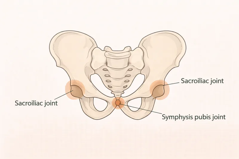 Diagram of the pelvis showing the sacroiliac joints and symphysis pubis joint affected by PGP