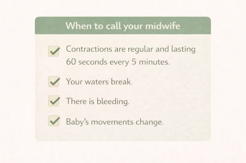 Checklist showing when to call your midwife about contractions or other signs of labour