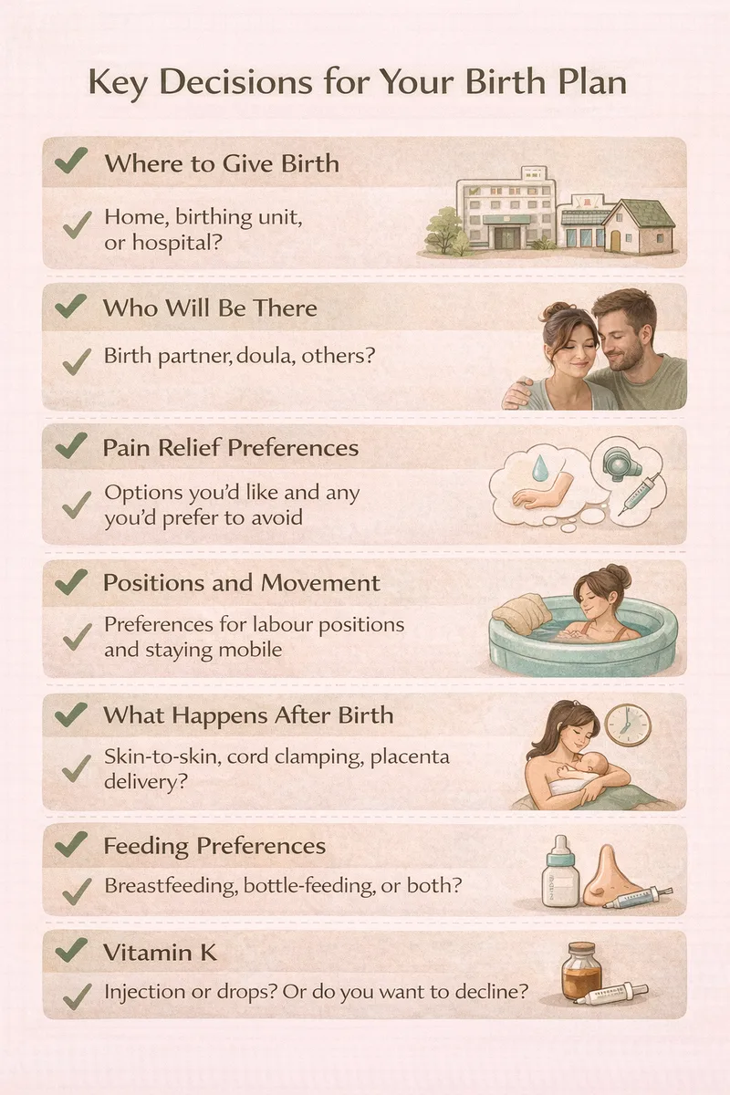 Visual checklist of key decisions to include in a birth plan for labour and birth