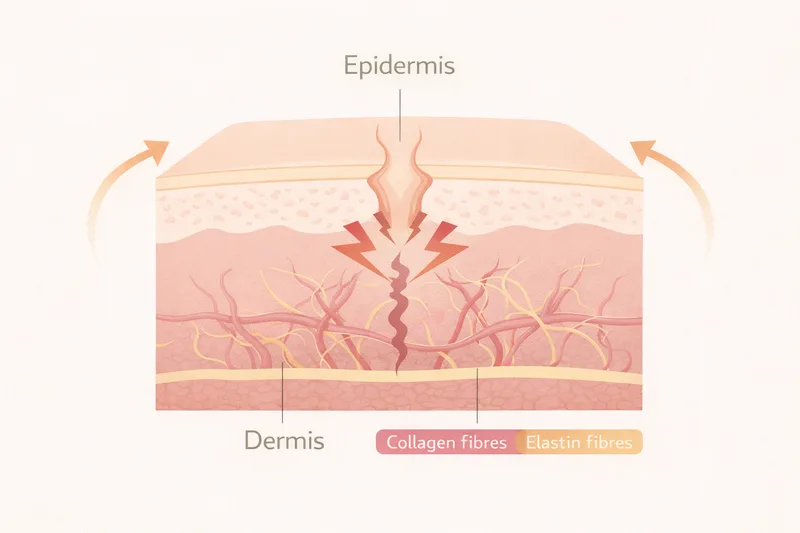 Diagram showing how stretch marks form when collagen fibres in the dermis tear during pregnancy