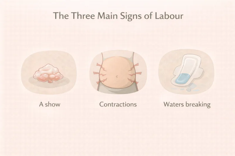 The three main signs that labour is starting including a show contractions and waters breaking